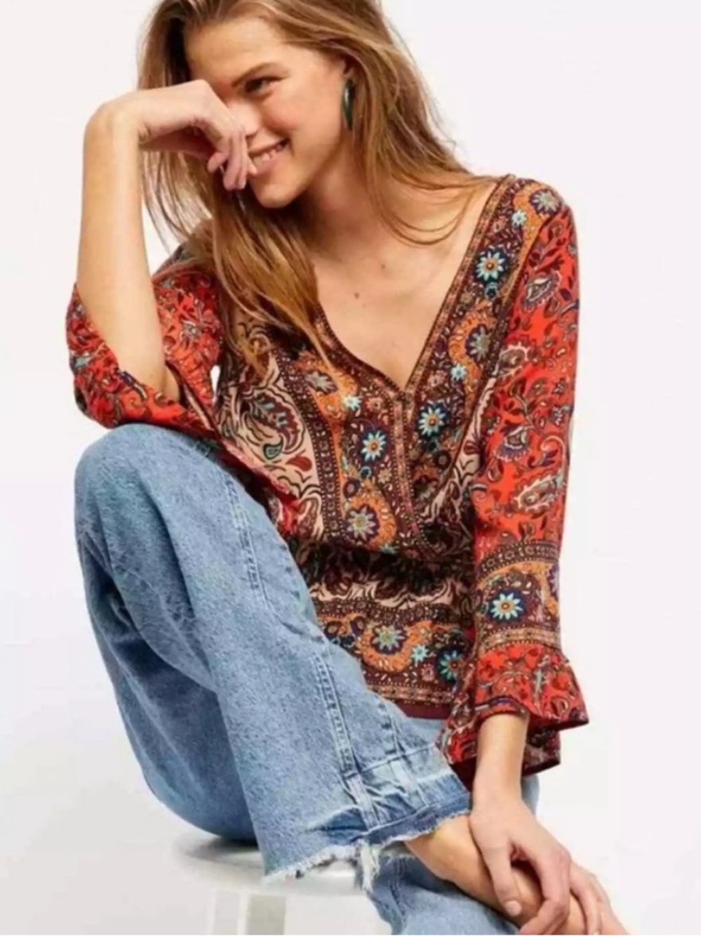 Free People Rosalie Bohemian Surplice Top Brown Orange Blue Floral Boho Sz Large